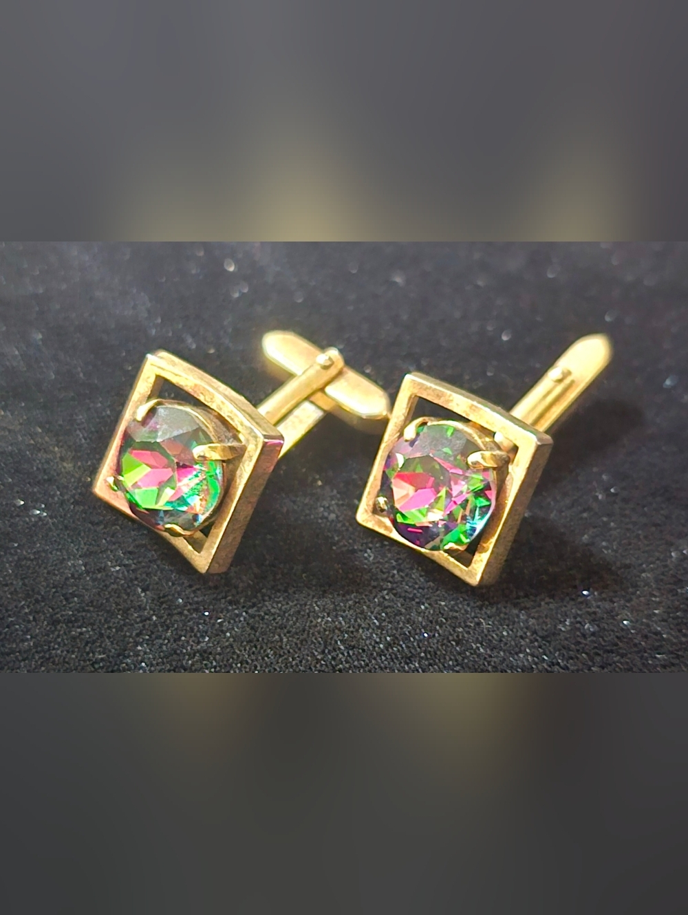 Vintage Swank Gold-Tone Cuff Links with Watermelon Vitrial Medium Mystic Topaz - Picture 6 of 9